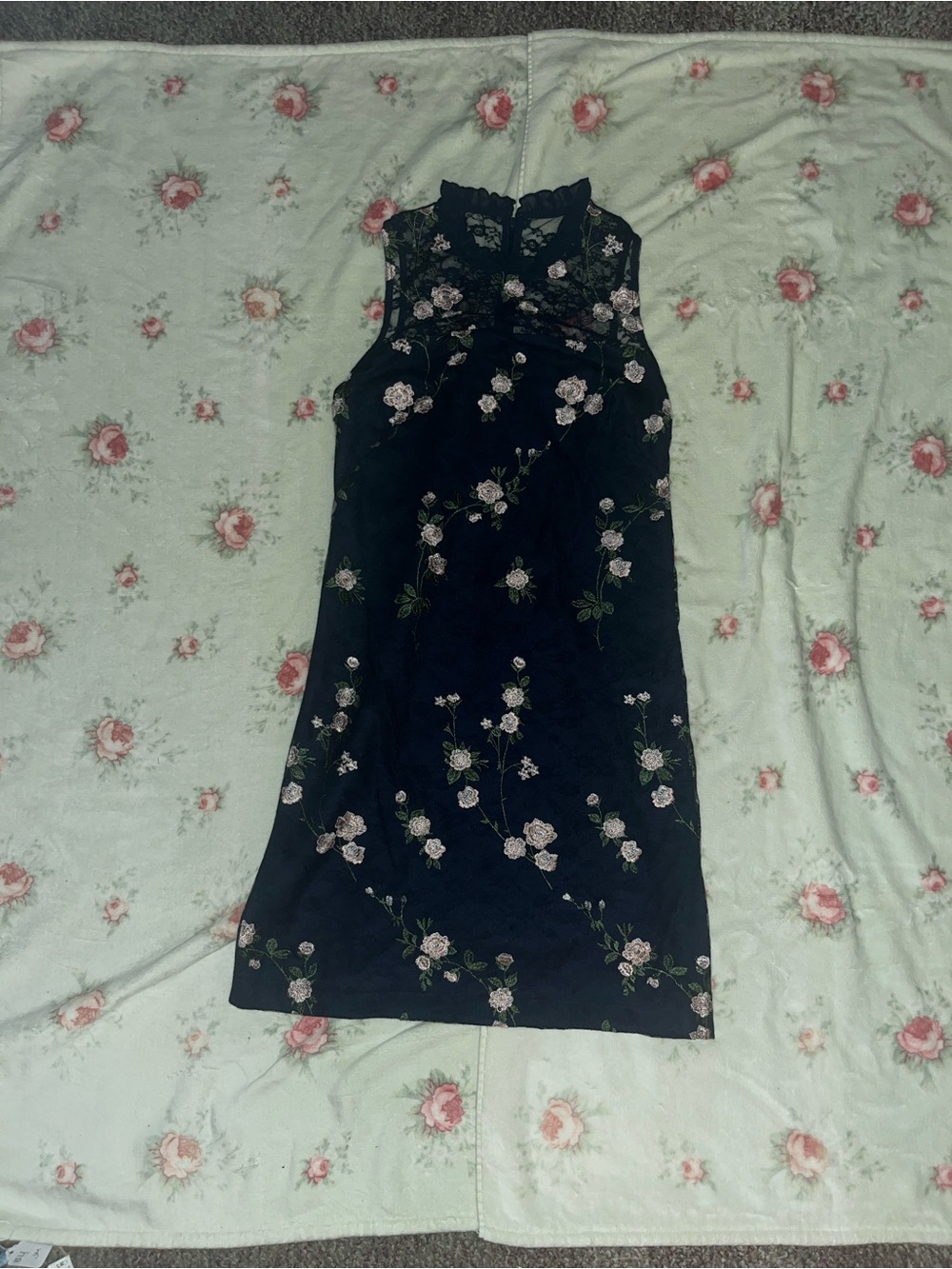 Karl Lagerfeld Dark Blue Midi Dress with Pink Floral Embroidery